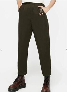Disturbia Copia Cotton Embroidered Tapered Tailored Trousers US 4 Green Barrel
